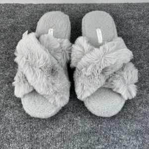 Gara‎ Tia Fuzzy Slippers Wmns 5-6.5 Gray Criss Cross Open Toe Plush Cozy Slip On